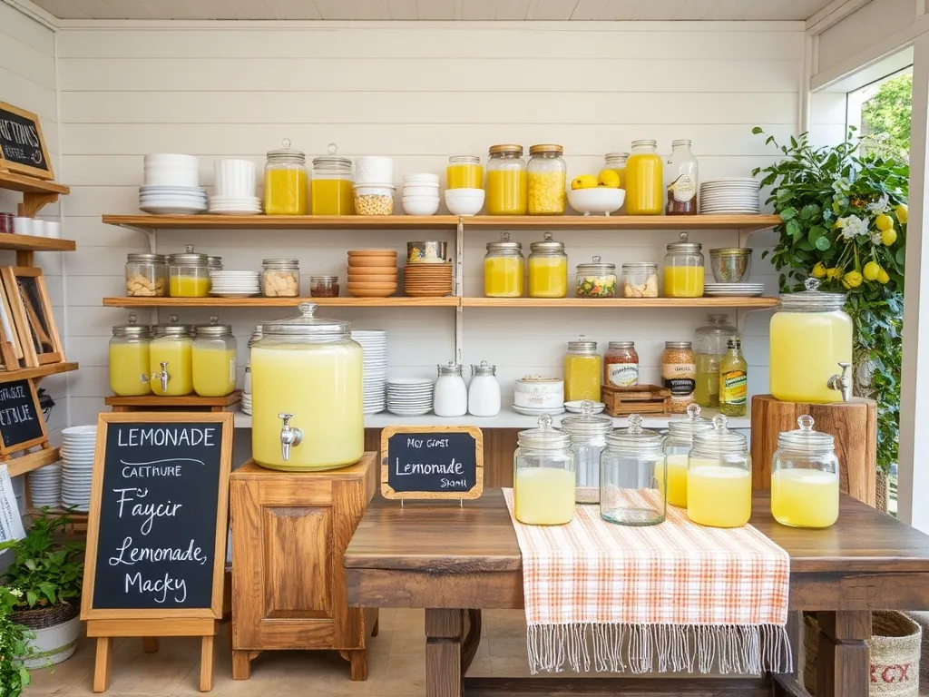 Beautifully styled lemonade stand in a lush green backyard