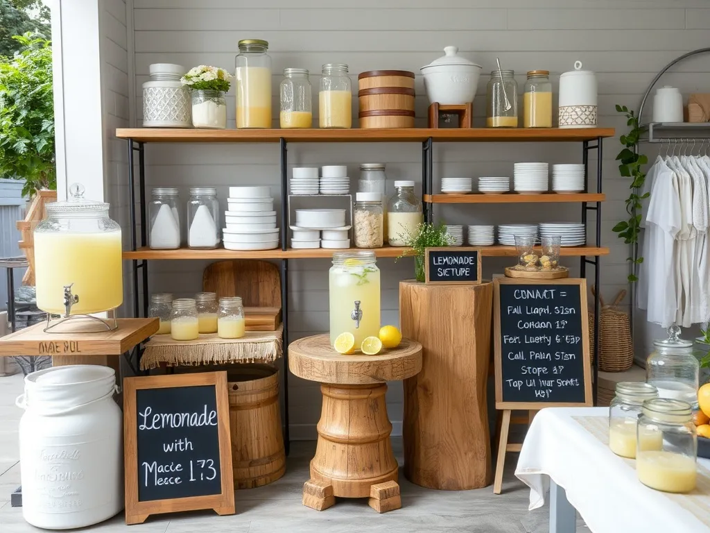 Elegant garden party setup with glass dispensers and fresh lemons